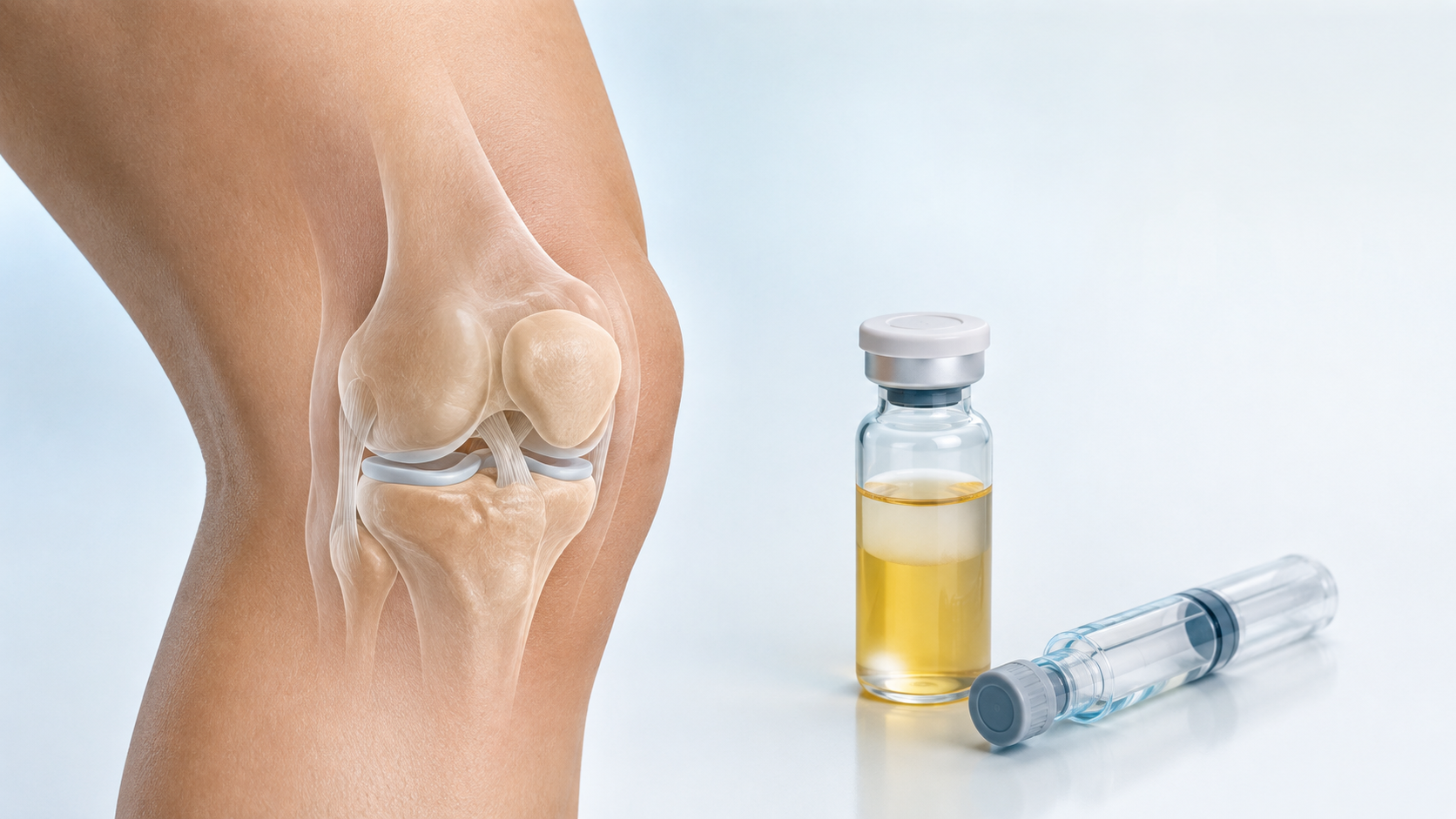 Ilustración médica de una rodilla junto a un vial de plasma rico en plaquetas